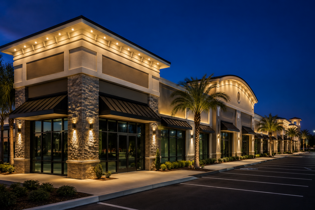 commercial strip with soffit lighting